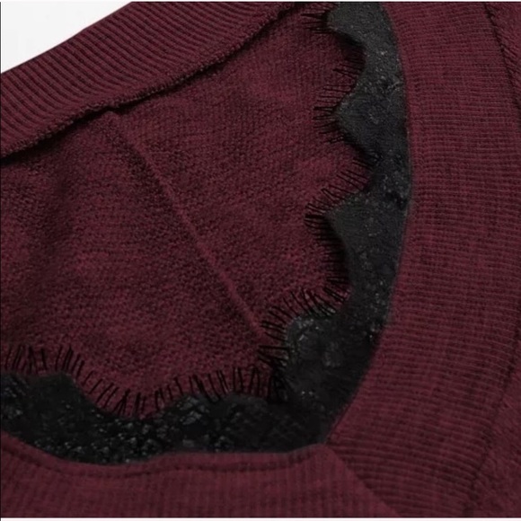 Burgundy Off the Shoulder Lace Trim Sweater - Picture 5 of 7
